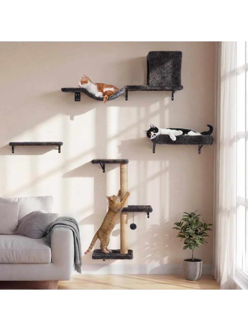Stylish Cat Wall Shelves Set - 4-in-1 Grey Cat Furniture for Climbing & Play